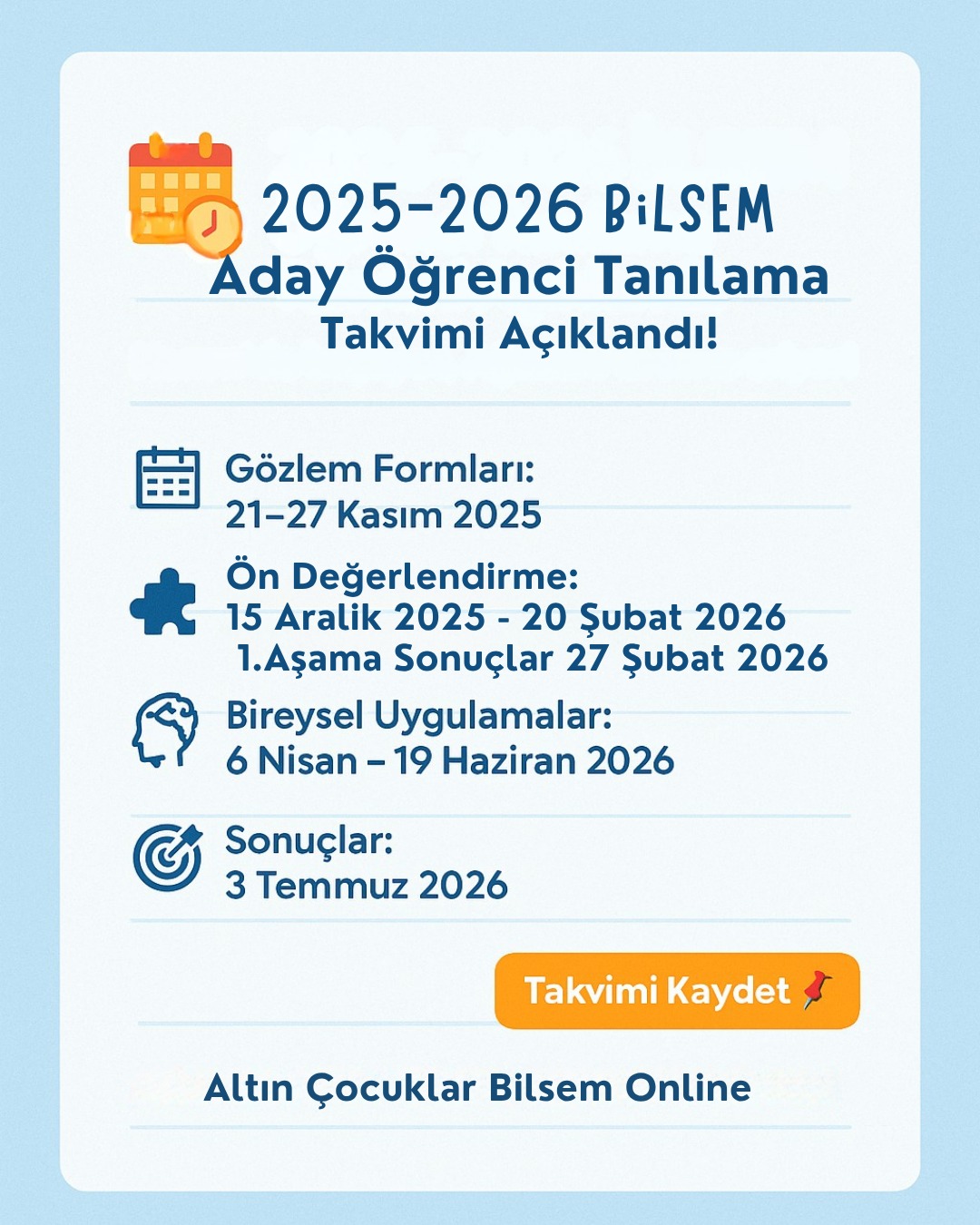 2026 BİLSEM ÖĞRENCİ TANILAMA VE YERLEŞTİRME TAKVİMİ AÇIKLANDI